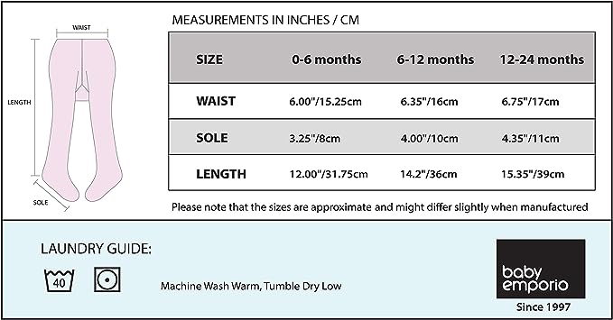 Size chart for Baby-Emporio infant newborn baby tights 0-6 months