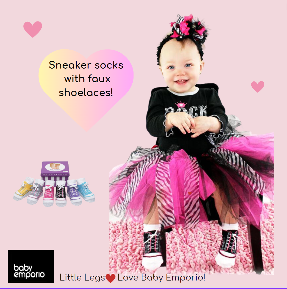 Sneaker socks with faux shoe laces and rock and roll outfit for sporty baby girl with faux shoe laces in a gift box 