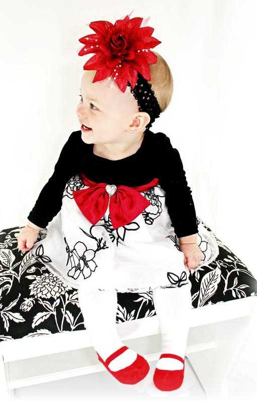 Christmas outfit little girl with tights with red shoe look design and red bow and floral headband