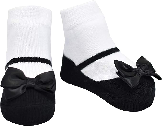 Black festive Mary Jane look socks that look like shoes, with black satin bows