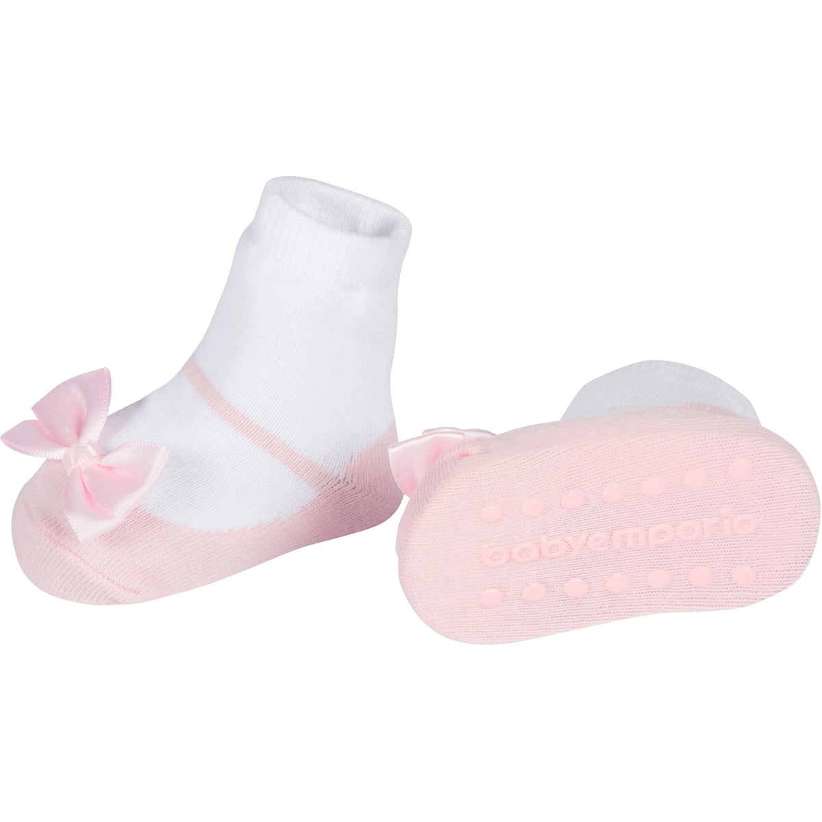 Pink baby girl socks that look like shoes with pink satin bows 0-12 months